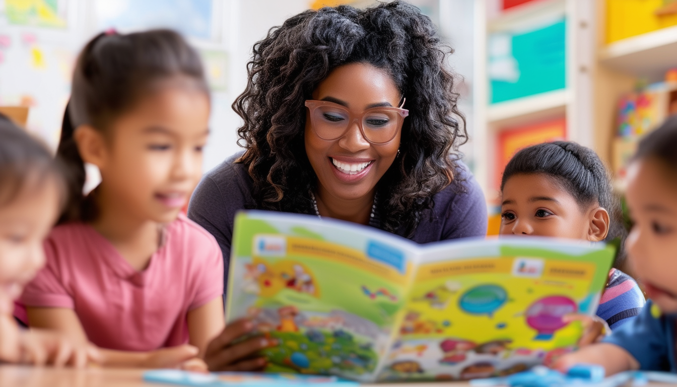 A joyful preschool teacher reading an educational